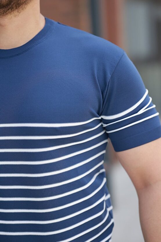 EQURİ Erkek çizgi Desenli Bisiklet Yaka Kısa Kollu T-sihrt