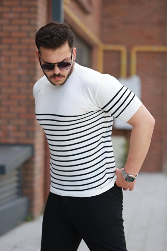 Erkek çizgi Desenli Bisiklet Yaka Kısa Kollu T-sihrt