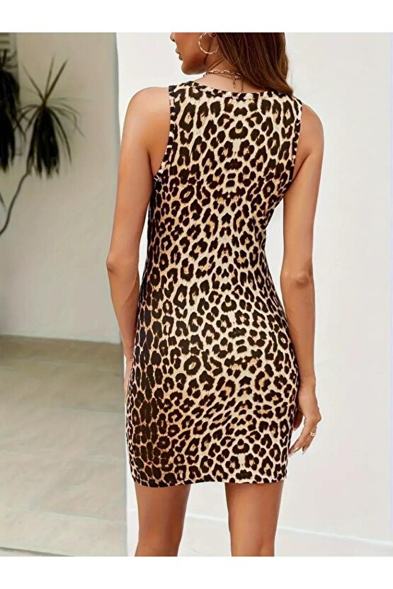 Kadın Askılı Yuvarlak Yaka Leopar Desenli Süprem Elbise