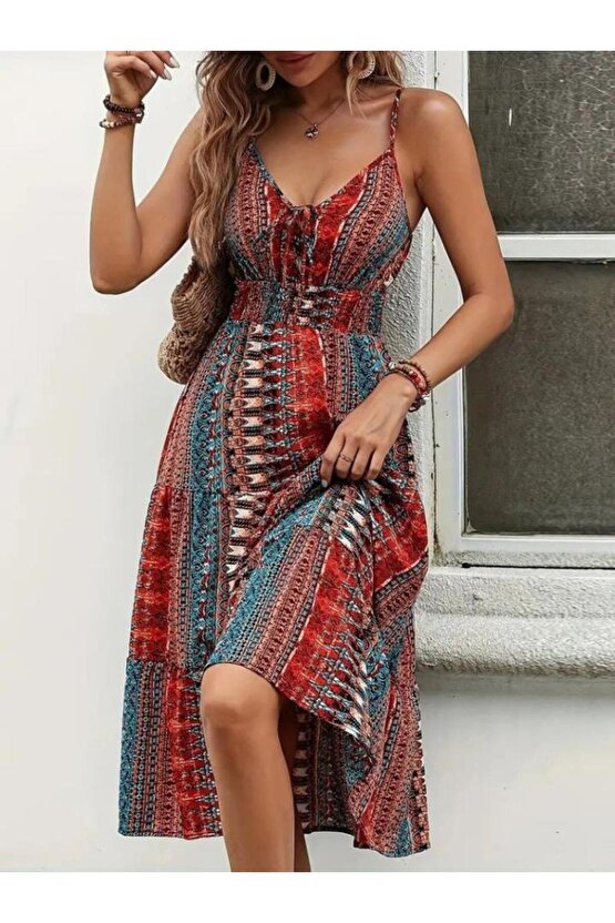 Kadın Ip Askılı V Yakalı Bağcıklı Beli Lastikli Desenli Süprem Elbise