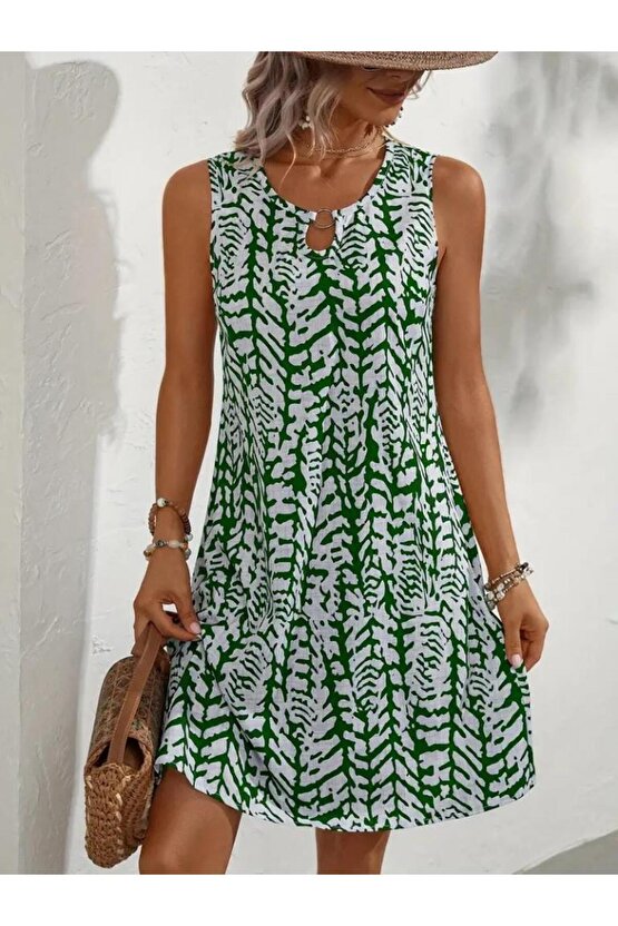 Kadın Sıfır Kol Yakadan Halka Detaylı Desenli Kısa Bürümcük Elbise