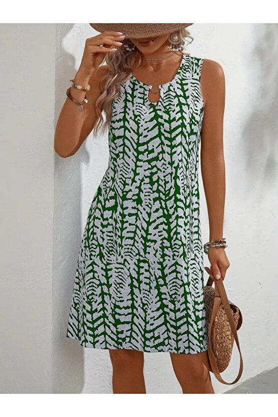 Kadın Sıfır Kol Yakadan Halka Detaylı Desenli Kısa Bürümcük Elbise