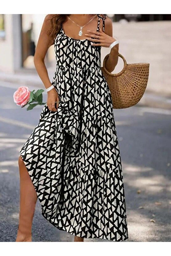 Kadın Askılı Yuvarlak Yaka Fırfırlı Desenli Uzun Bürümcük Elbise