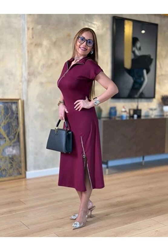 Kadın Kısa Kollu Yakadan Ve Etekten Fermuarlı Midi Viskon Iki Iplik Elbise