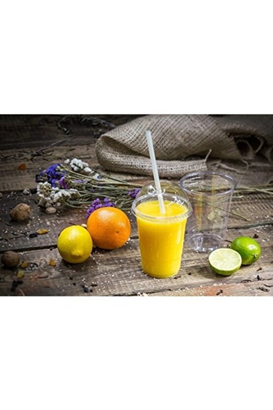 550cc Pet Plastik Limonata Milkshake Bardağı 50 Adet Kapaklı