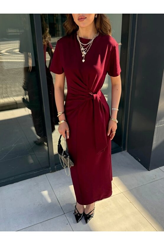 Kadın Kısa Kollu Bisiklet Yaka Yandan Bağlamalı Viskon Iki Iplik Elbise