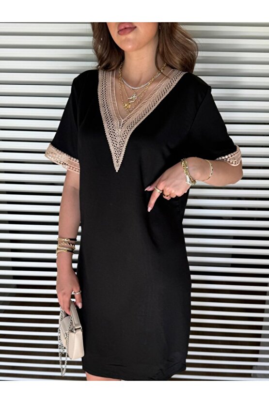 EQURİ Kadın V Yaka Güpürlü İki İplik Elbise