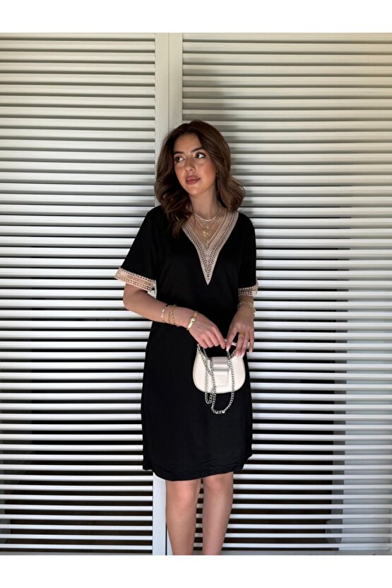 EQURİ Kadın V Yaka Güpürlü İki İplik Elbise