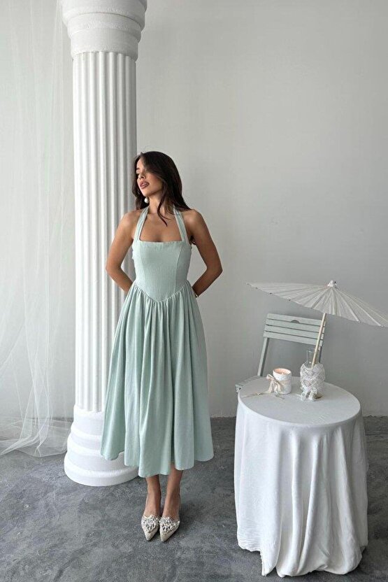 Mint Boyundan Bağlamalı Keten Elbise