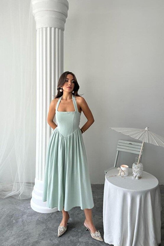 Mint Boyundan Bağlamalı Keten Elbise