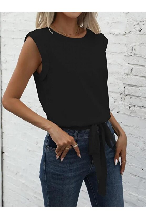 Kadın Sıfır Kol Etek Ucu Bağlama Detay Ithal Krep Bluz