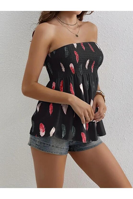 Kadın Yaprak Desenli Göğsü Gipeli Mosskrep Straplez Bluz