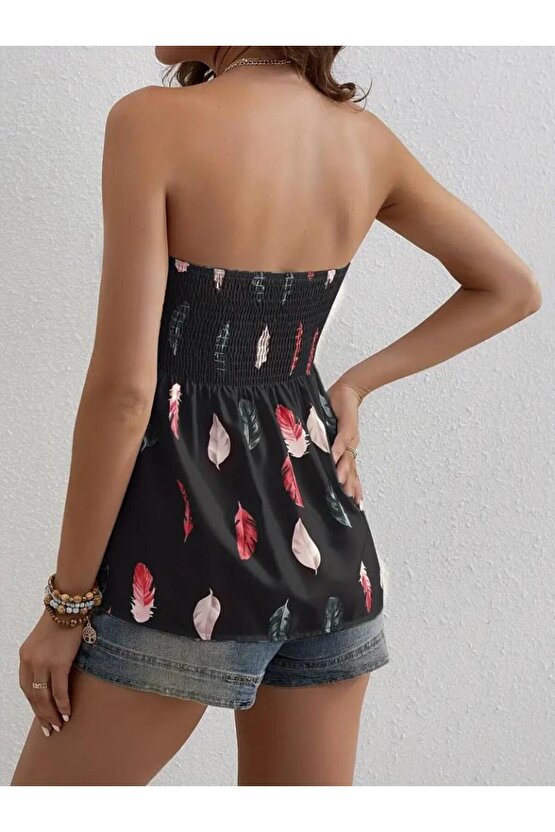 Kadın Yaprak Desenli Göğsü Gipeli Mosskrep Straplez Bluz