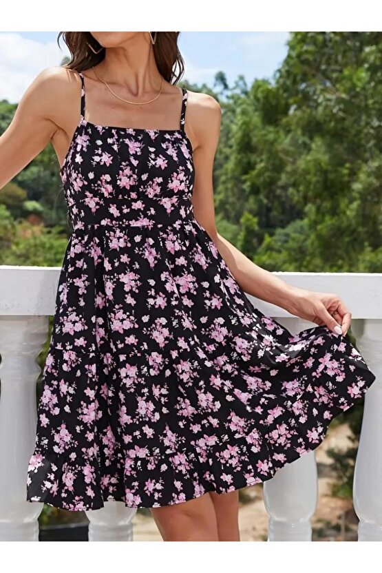 Kadın Askılı çiçek Desenli Süprem Mini Elbise