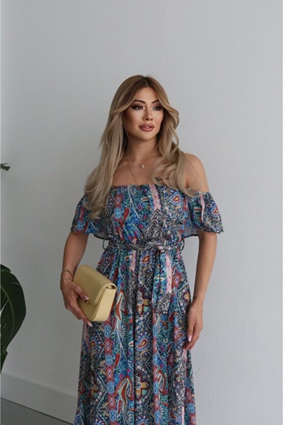 MODAVERA Kadın Kısa Kollu Madonna Yaka Fırfırlı Belden Yırtmaçlı Maksi Süprem Elbise