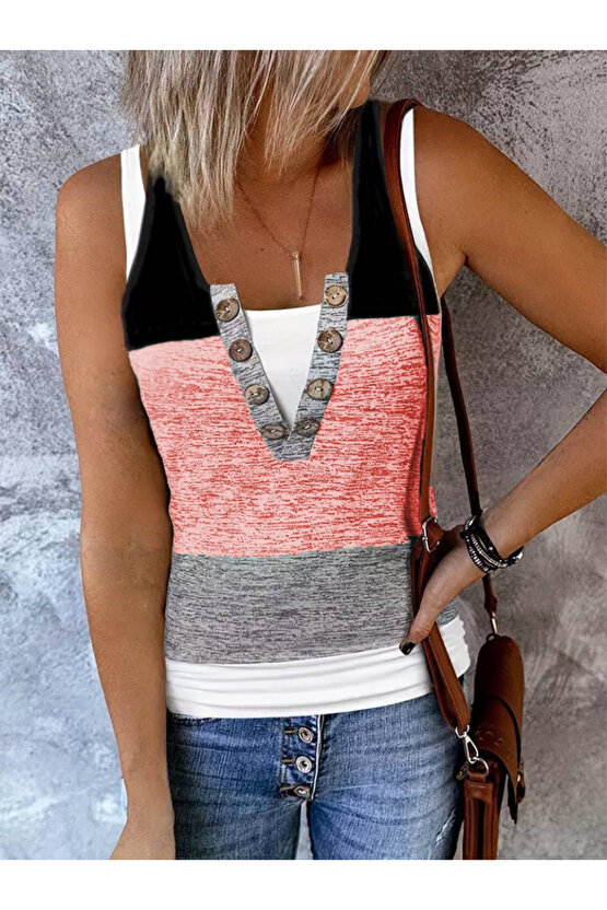 Kadın V Yakalı önden Düğmeli Viskon Bluz