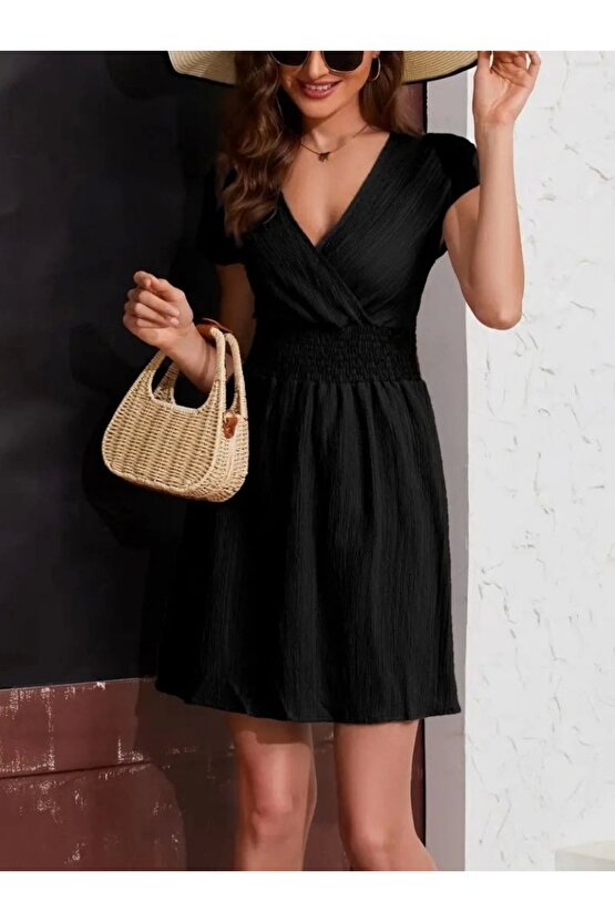 Kadın Kısa Kollu Kruvaze Yaka Beli Gipeli Bürümcük Elbise