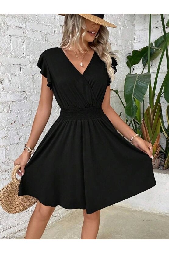 Kadın Kısa Kollu Kruvaze Yaka Beli Gipeli Bürümcük Elbise