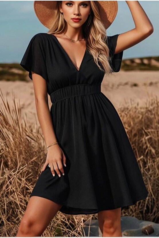 Kadın Kısa Kollu Kruvaze Yaka Beli Gipeli Bürümcük Elbise