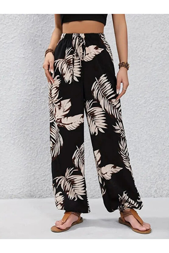 Kadın Yüksek Bel Bağcıklı Yaprak Desenli Süprem Pantolon
