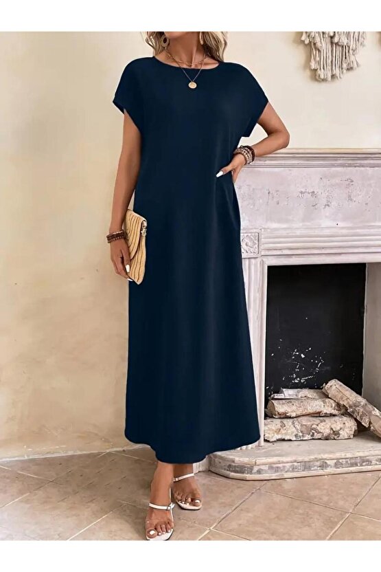 Kadın Uzun Kollu Yakası Açık Viskon Elbise