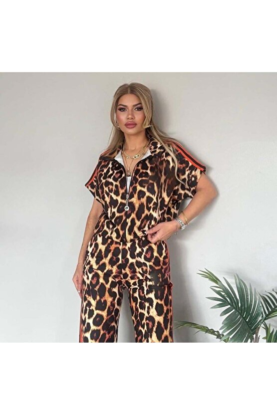 Kadın Dalgıç Kumaş Dijital Leopar Baskılı şerit Detaylı Takım