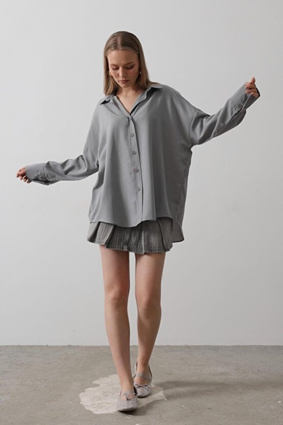 Geniş Manşet Detaylı Gömlek - Gri