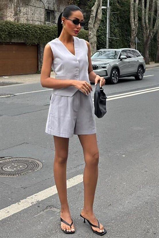 Gökyüzü Moda Yelek Şort Flamlı Keten Takım 10133-17