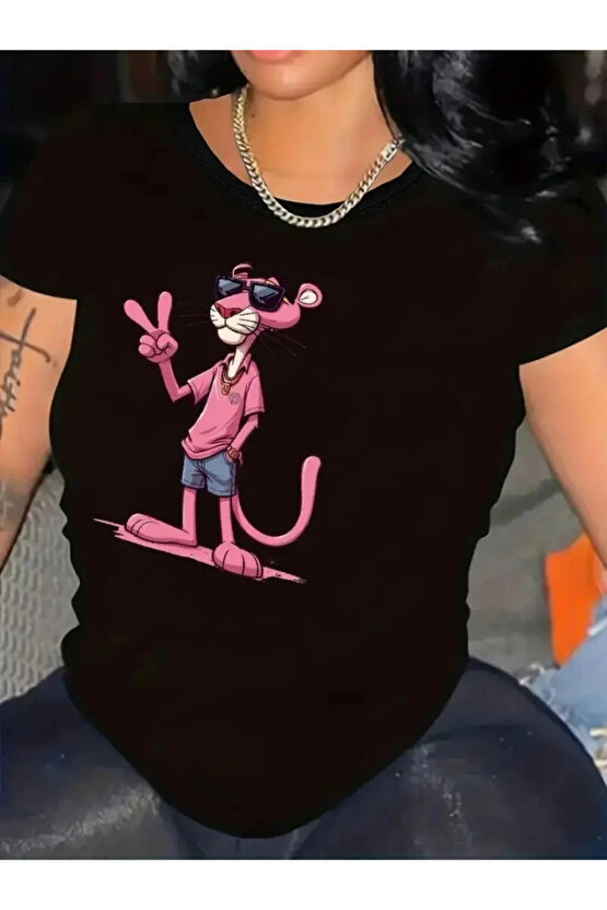 Pembe Panter Baskılı Oversize Bisiklet Yaka T-shirt - Beyaz