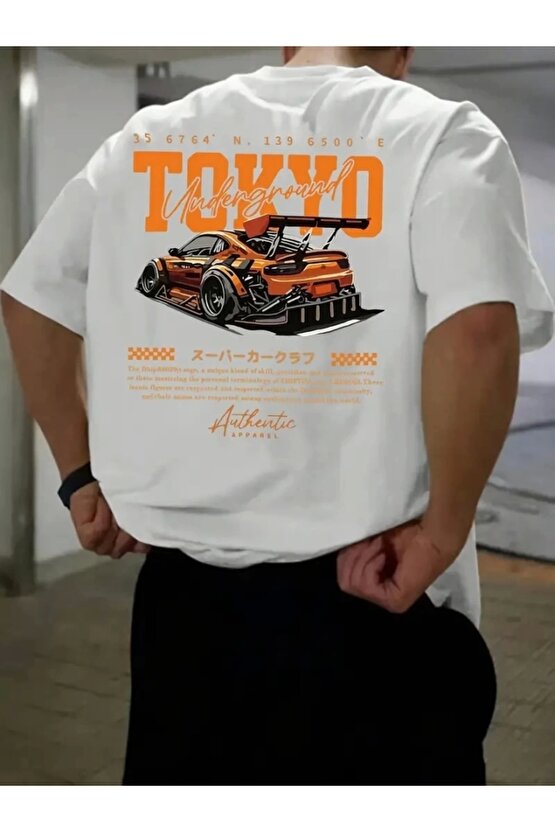 Baskılı Oversize Bisiklet Yaka T-shirt - Beyaz