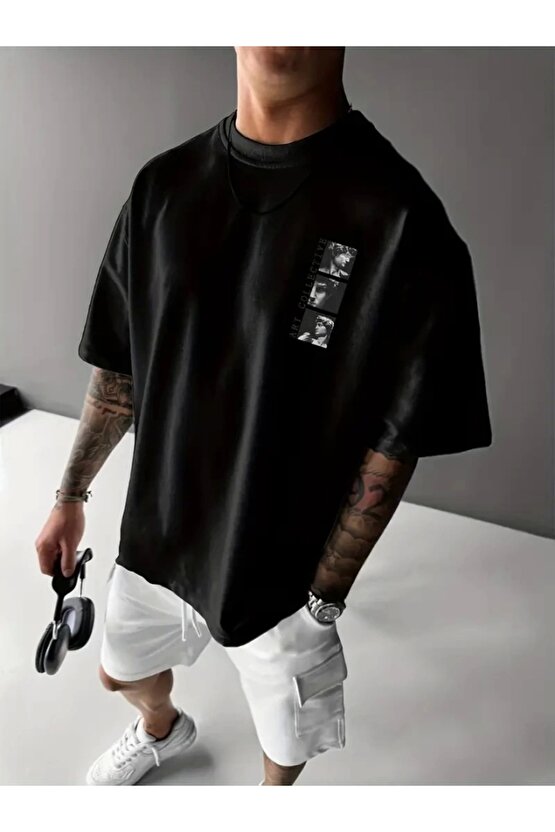 Baskılı Oversize Bisiklet Yaka T-shirt - Siyah