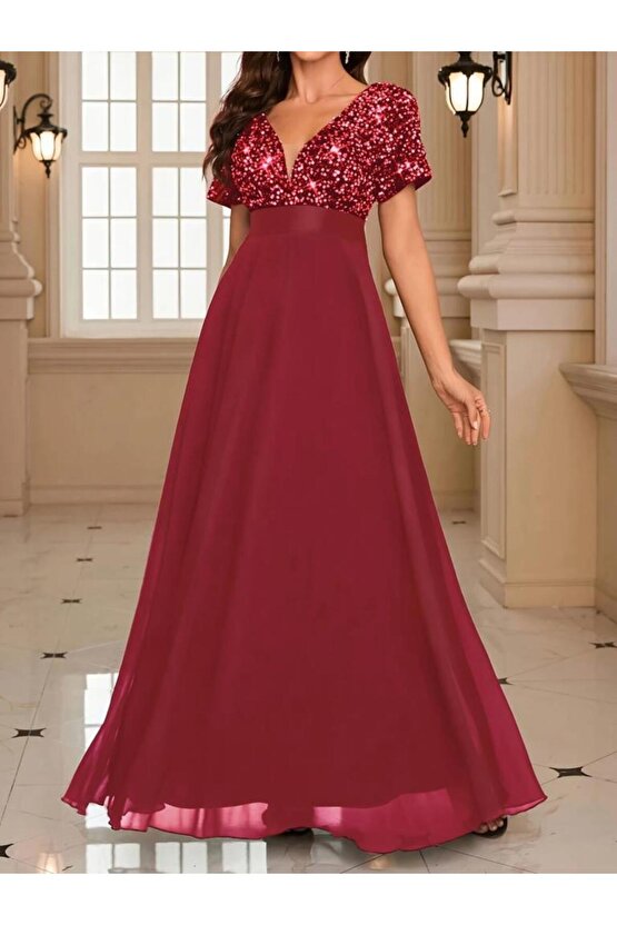 Kadın Kısa Kollu Derin V Yakalı A Kesim Pulpayet Detaylı şifon Nedime Elbisesi