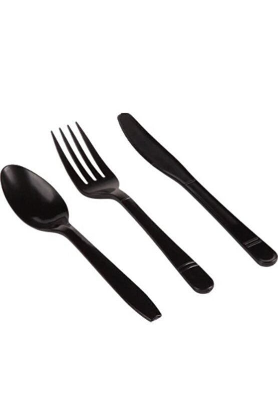 Plastik Lüks Çatal-kaşık- Bıçak 3 Lü Siyah Siyah Set 100 Lü