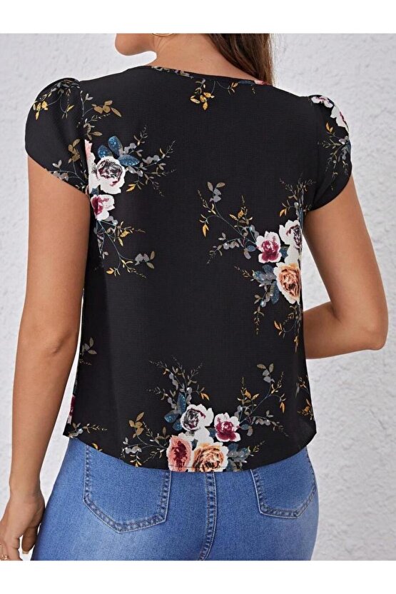 Kadın Kısa Kollu Bisiklet Yaka çiçek Baskılı Süprem Bluz