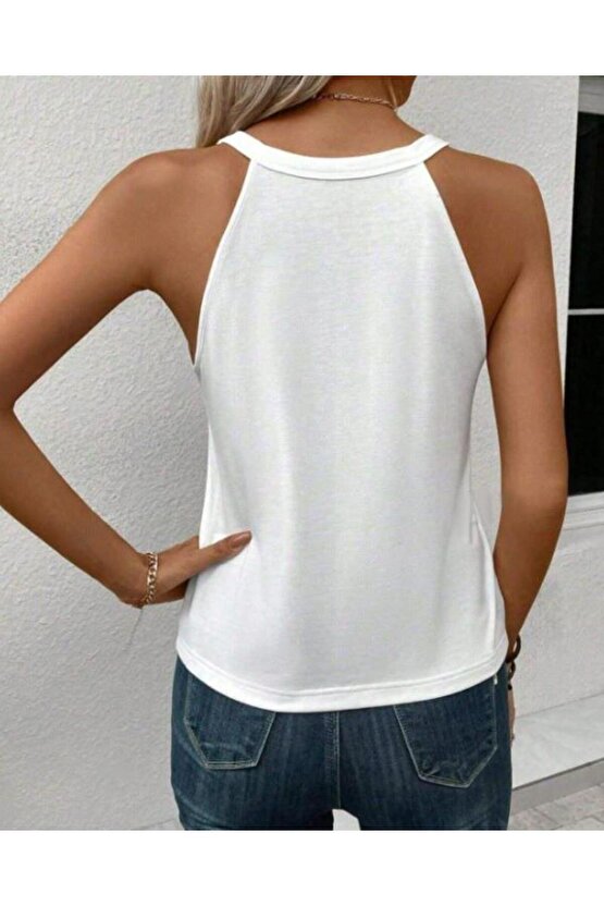 Kadın Sıfır Kol Halter Yaka Kalp Baskılı Viskon Bluz