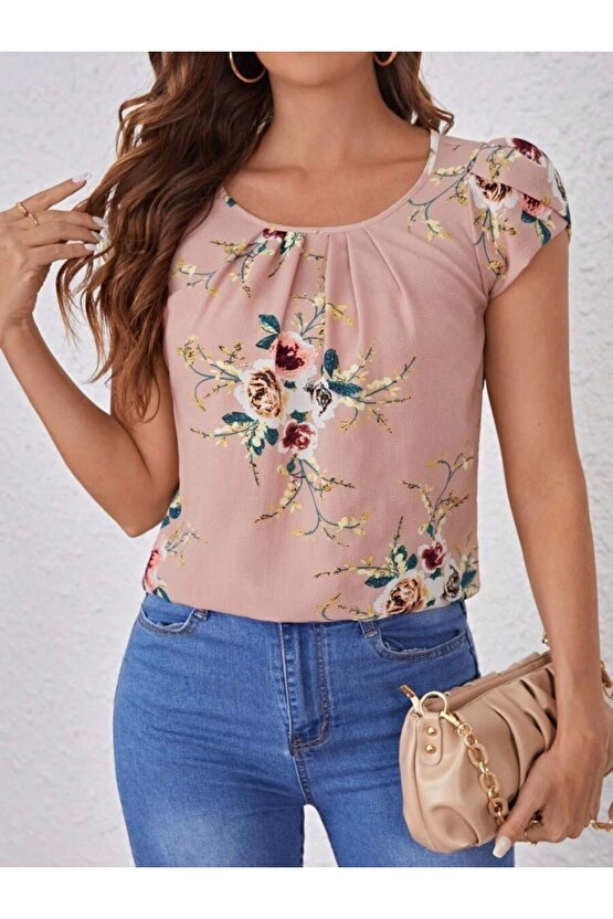 Kadın Kısa Kollu Bisiklet Yaka çiçek Baskılı Süprem Bluz