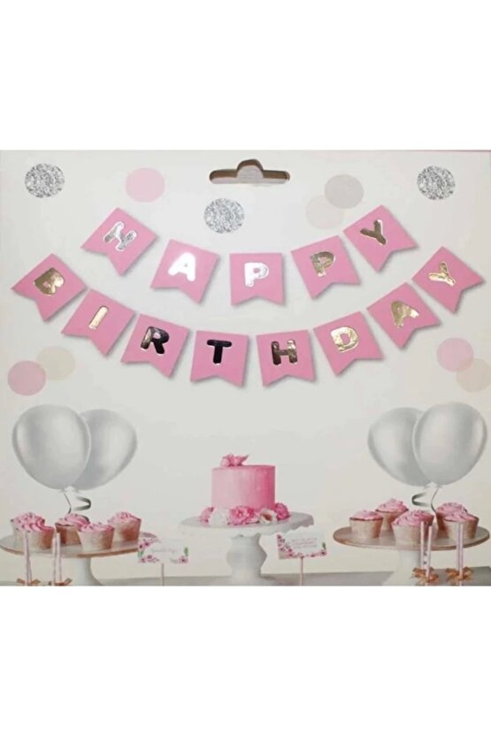 Pembe Zemin Happy Birthday Gümüş Banner