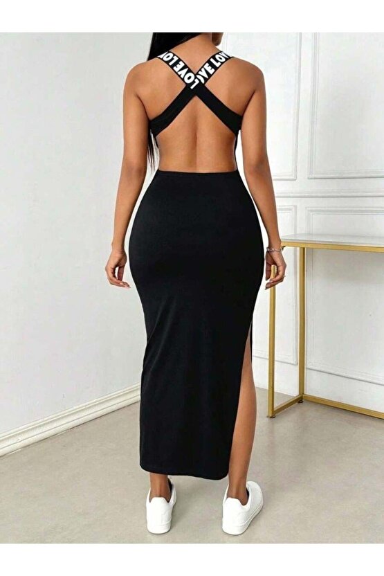 Kadın Yuvarlak Yaka Sırttan çapraz şerit Love Detaylı Yırtmaçlı Viskon Elbise