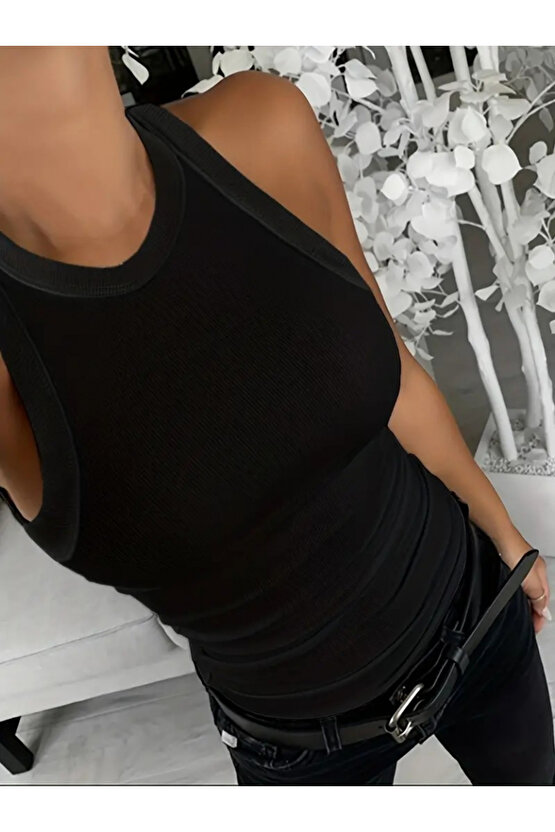 Kendim Fashion Kadın Kolsuz Yuvarlak Yaka Kalın Fitilli şardonlu Kaşkorse Bluz