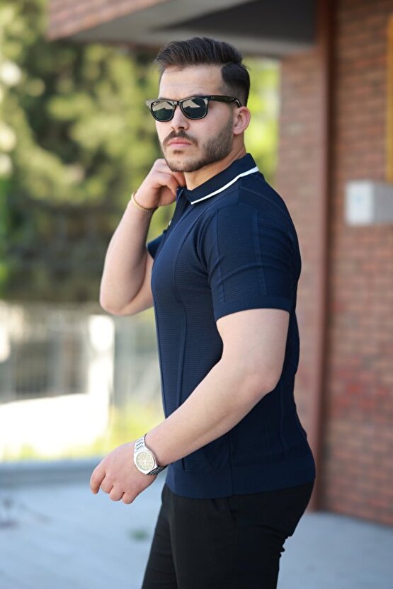 Erkek Yakalı Fermuarlı Kısa Kollu T-shirt