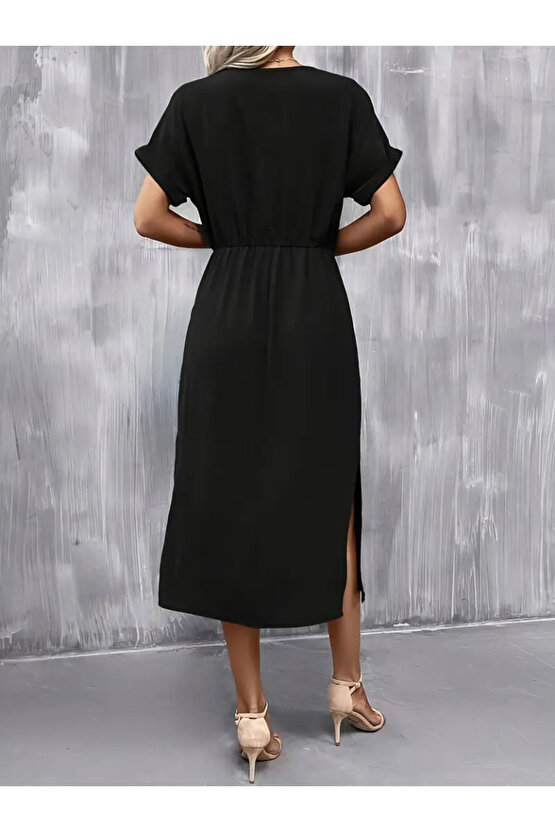 Kadın Kısa Kollu Yakası Açık Belden Bağlamalı Yırtmaçlı Viskon Elbise