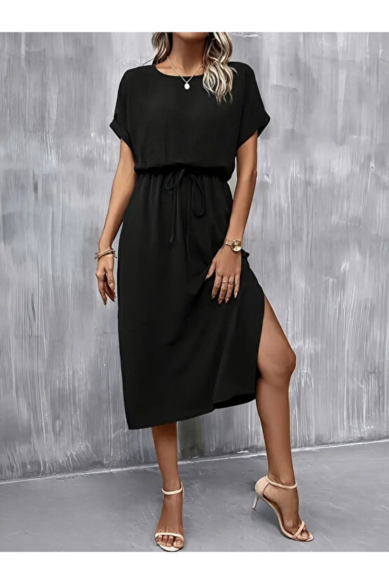 Kadın Kısa Kollu Yakası Açık Belden Bağlamalı Yırtmaçlı Viskon Elbise