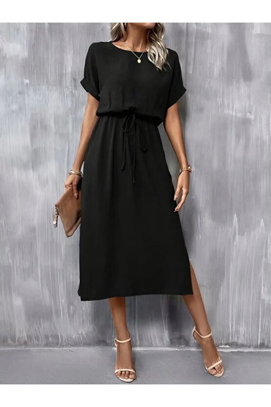 Kadın Kısa Kollu Yakası Açık Belden Bağlamalı Yırtmaçlı Viskon Elbise