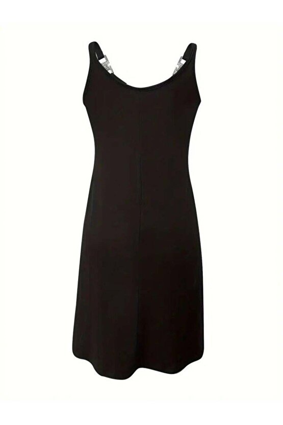 Kadın Askılı V Yakalı Toka Detaylı Janjan Krep Elbise