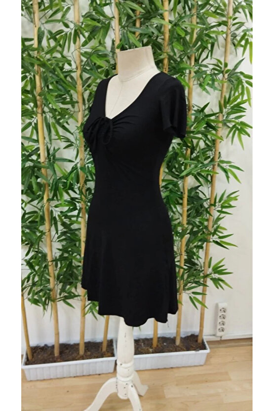 MDB Kadın Kısa Kollu Bisiklet Yakalı Cepli önden Yırtmaçlı Viskon Iki Iplik Midi Elbise