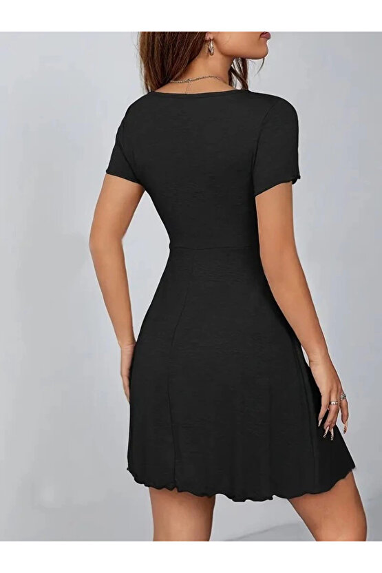 MDB Kadın Kısa Kollu Bisiklet Yakalı Cepli önden Yırtmaçlı Viskon Iki Iplik Midi Elbise
