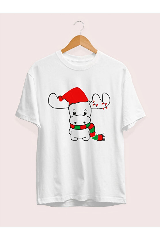Ren Geyiği Baskılı Noel İçin T-shirt - Beyaz