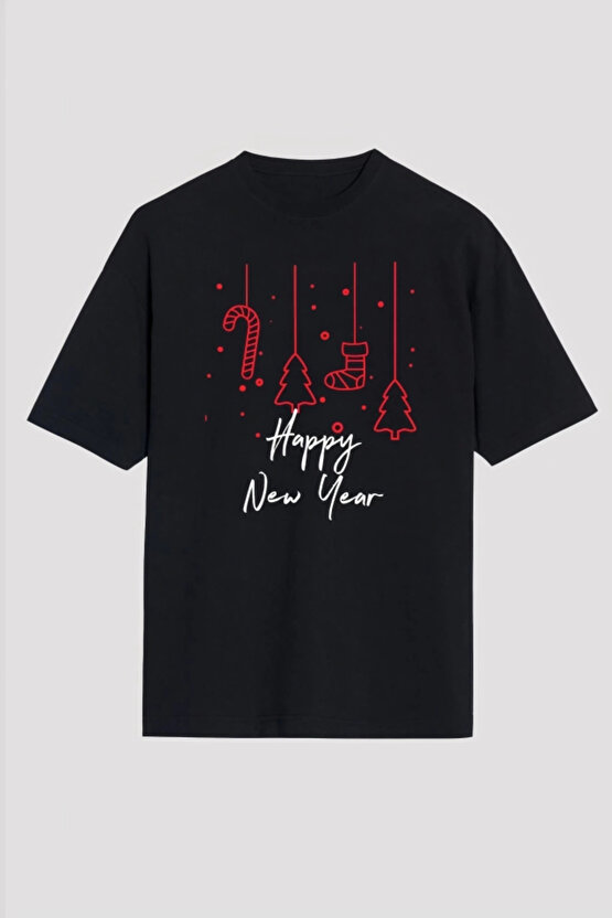 Happy New Year Baskılı T-shirt - Siyah