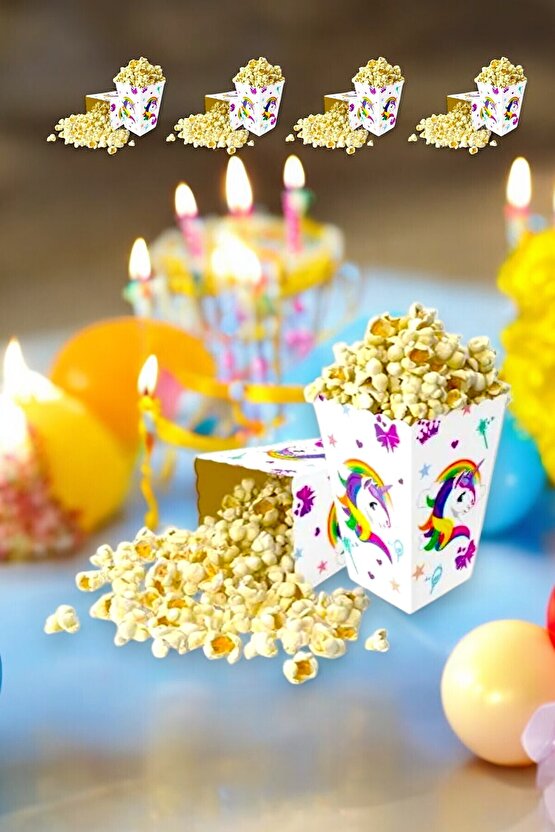 Unicorn Temalı 8 Adet Mısır Kutusu - Doğum Günü ve Parti İkramları İçin