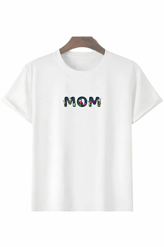 Anneler Gününe Özel Tasarım Mom Çiçek Baskılı T-shirt - Beyaz